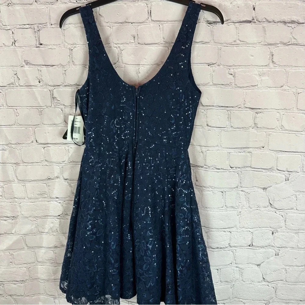 NWT formal dress navy city triangles sz 3 layered lace overlay